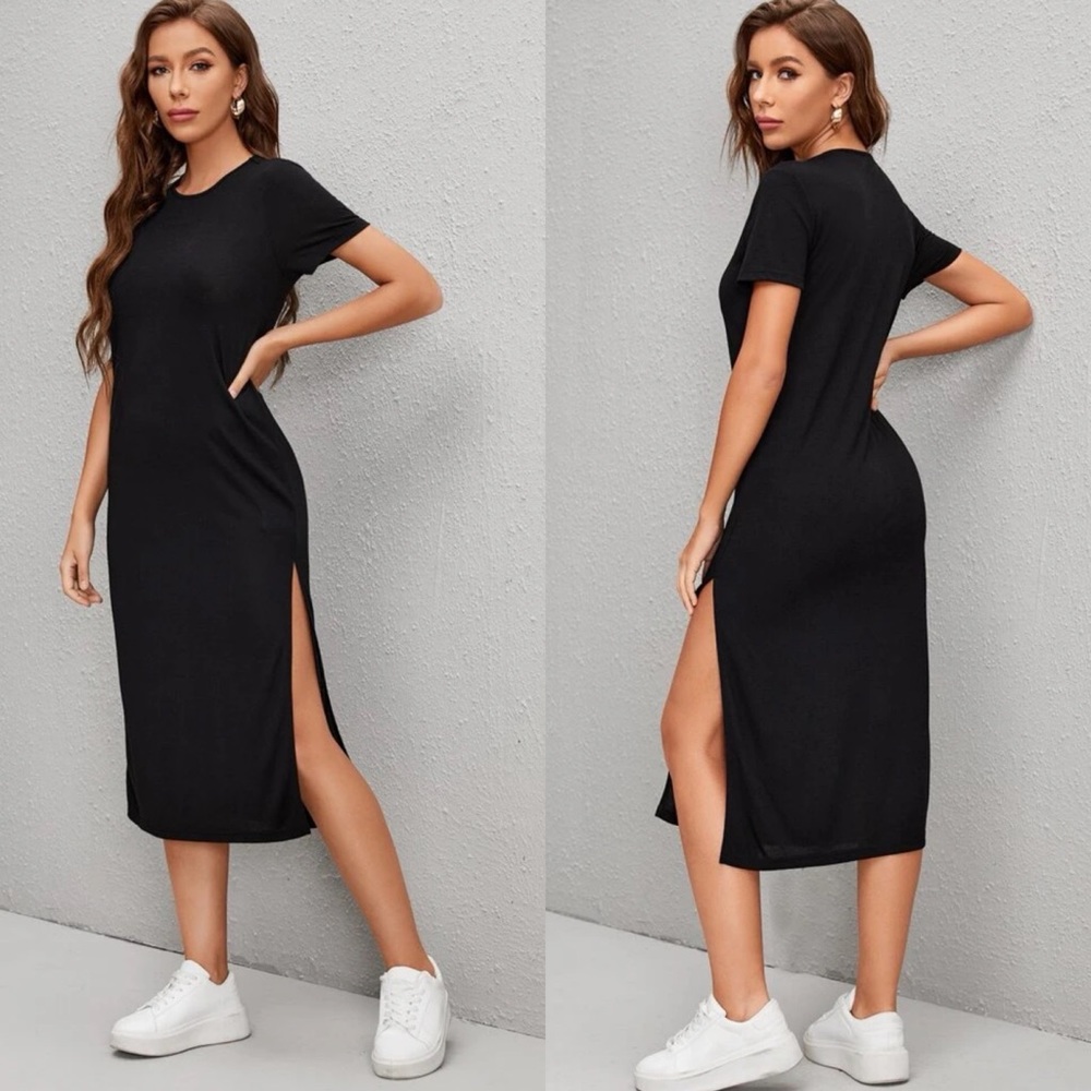 Short sleeve midi length slit tee dress casual boho purple - Picture 3 of 9
